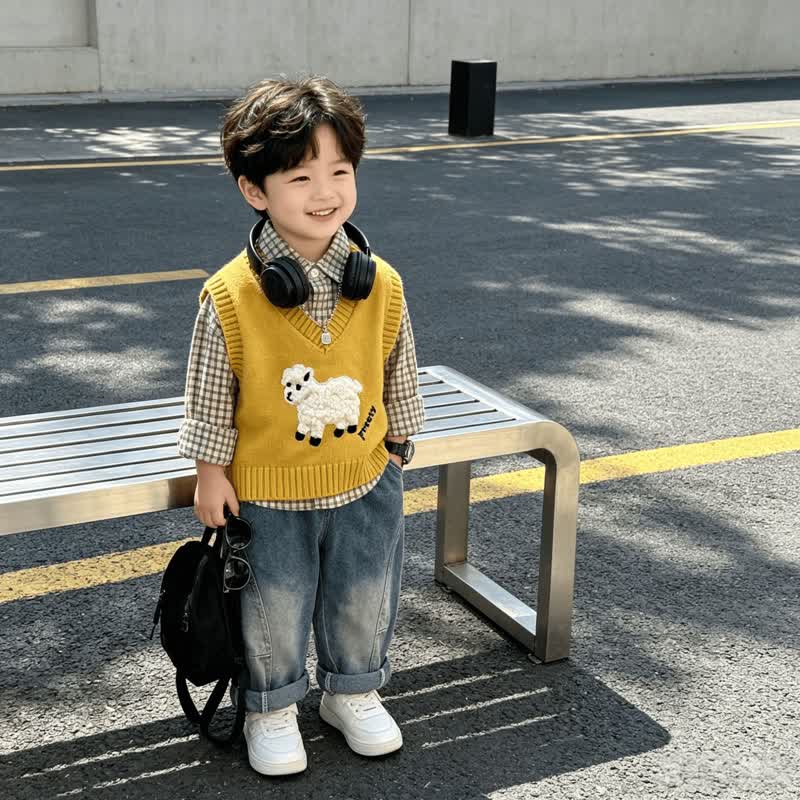 Toddler Baby Lamb Applique Knit Vest and Shirt 3-piece Set - Yellow - 4-5T - image 3