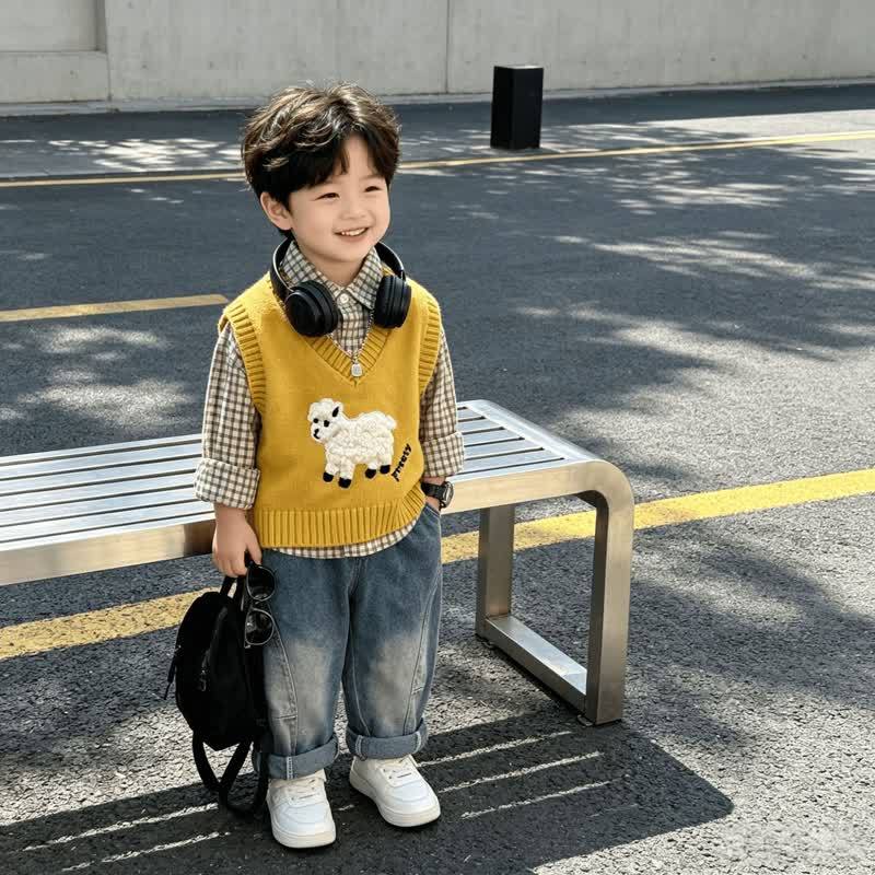 Toddler Baby Lamb Applique Knit Vest and Shirt 3-piece Set - Yellow - 4-5T - image 3