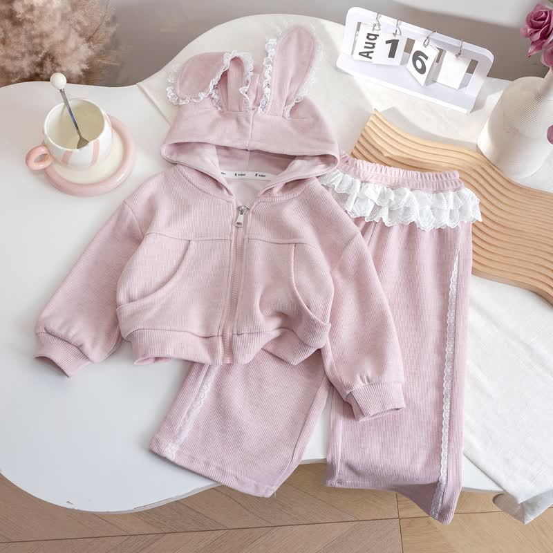 Toddler Girl Pink Bunny Ear Hoodie and Pants 2-piece Set - Pink - 6-7T - image 1