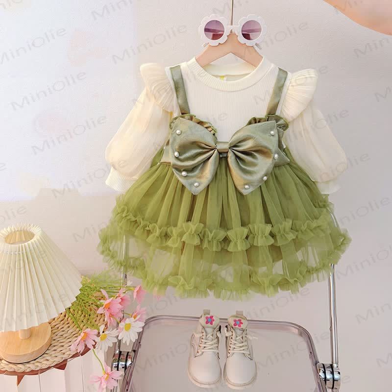 Baby Girl Pearl Bow Tulle Dress - Green - 4-5T - image 1