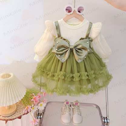 Baby Girl Pearl Bow Tulle Dress - Green - 4-5T - image 1