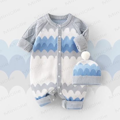 Baby Wave Stripe Knitted Romper and Hat - Blue - 18-24M - image 1
