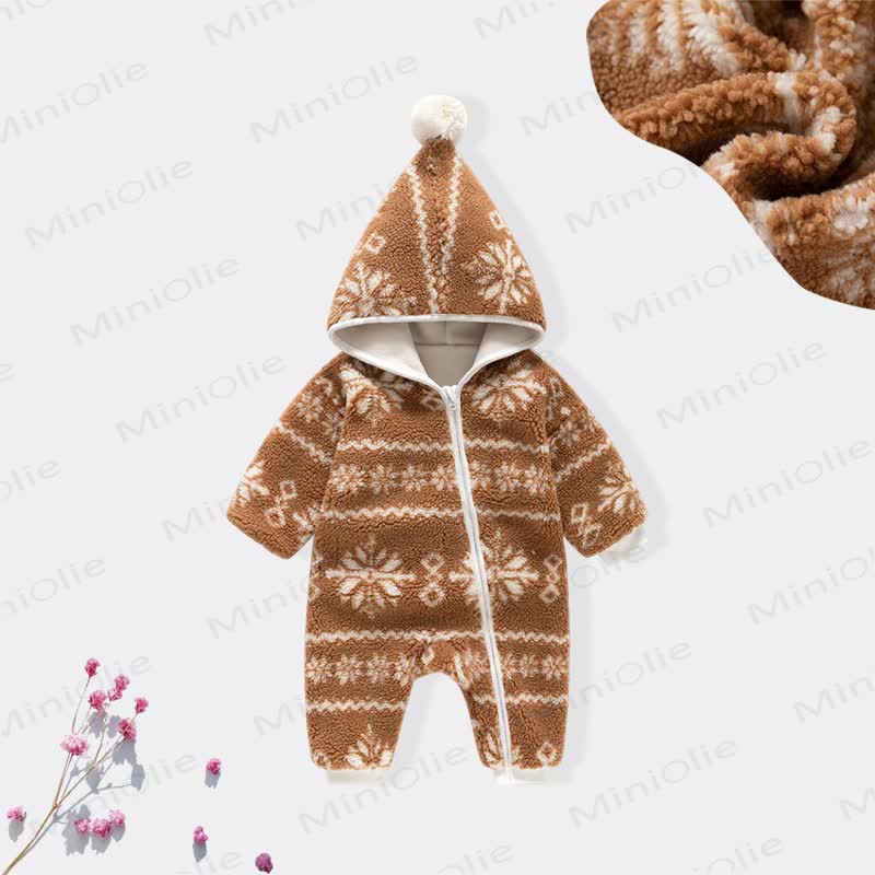 Baby Snow Print Hooded Zip Romper - Brown - 18-24M - image 4