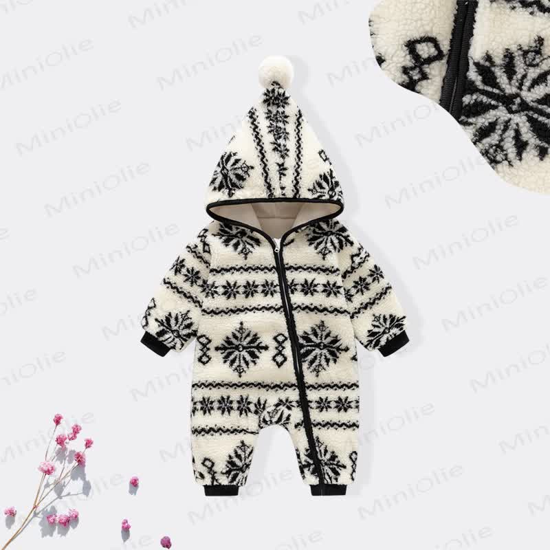 Baby Snow Print Hooded Zip Romper - Beige - 18-24M - image 2