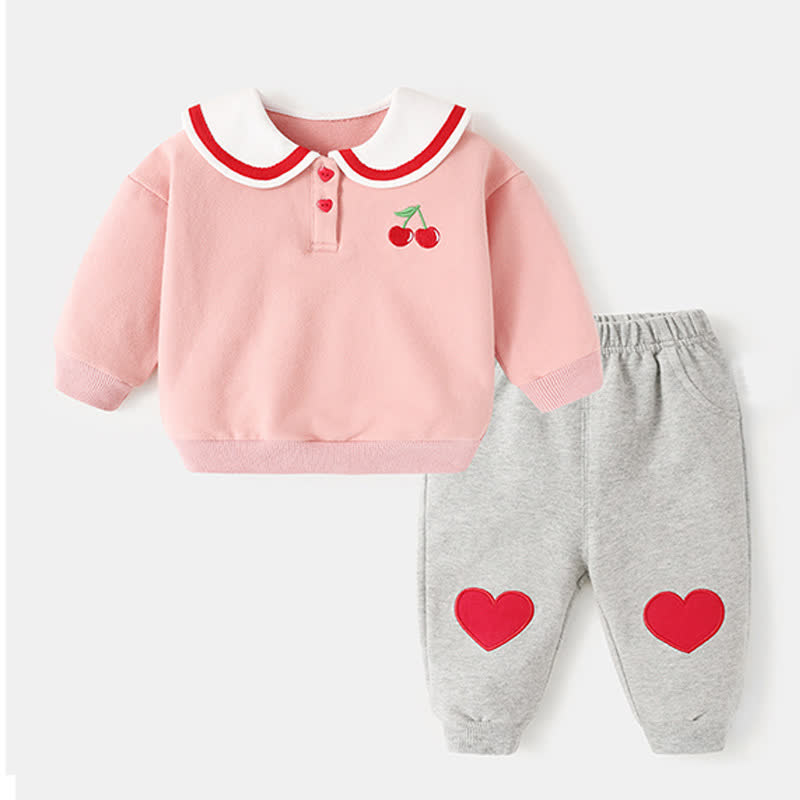 Baby Toddler Girls Heart and Cherry Print Top and Pants 2-piece Set - Gray - 3-4T - image 2