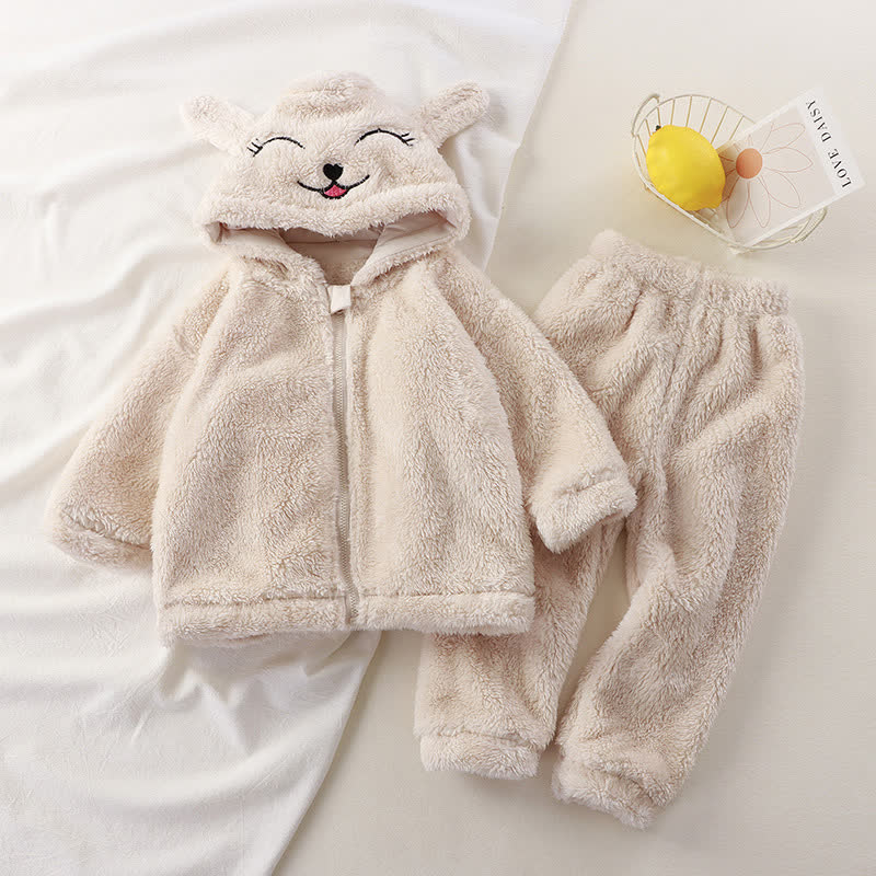 Baby Toddler Plush Animal Ear Hooded Jacket and Pants 2-piece Pyjama Set - Beige - 4-5T - image 2