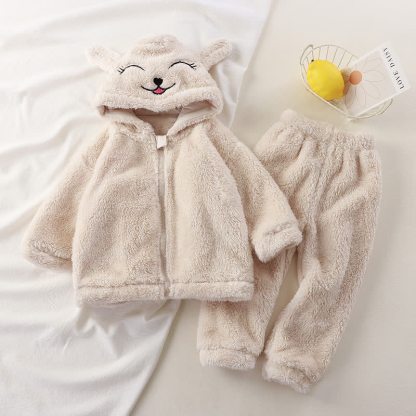 Baby Toddler Plush Animal Ear Hooded Jacket and Pants 2-piece Pyjama Set - Beige - 4-5T - image 2