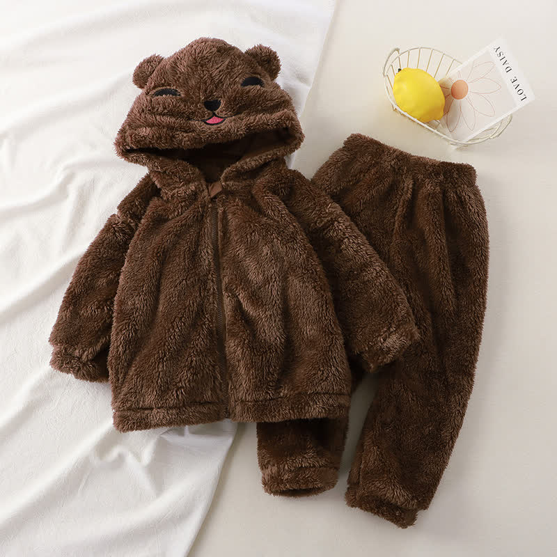 Baby Toddler Plush Animal Ear Hooded Jacket and Pants 2-piece Pyjama Set - Brown - 4-5T - image 3