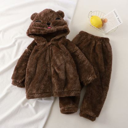Baby Toddler Plush Animal Ear Hooded Jacket and Pants 2-piece Pyjama Set - Brown - 4-5T - image 3
