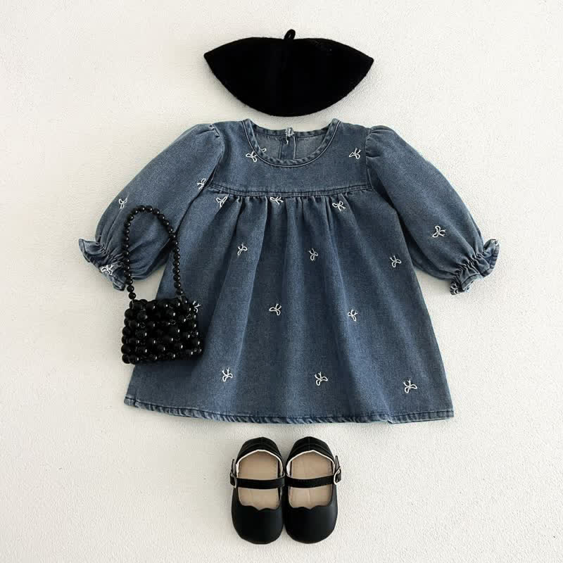 Girls Bow Embroidered Denim Dress - image 2