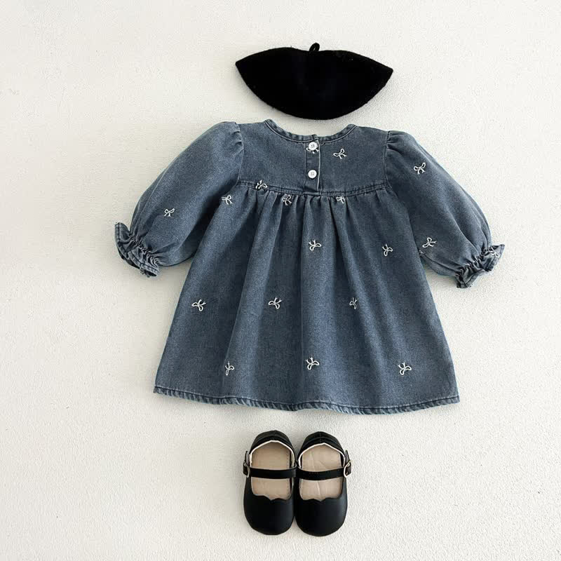 Girls Bow Embroidered Denim Dress - image 1
