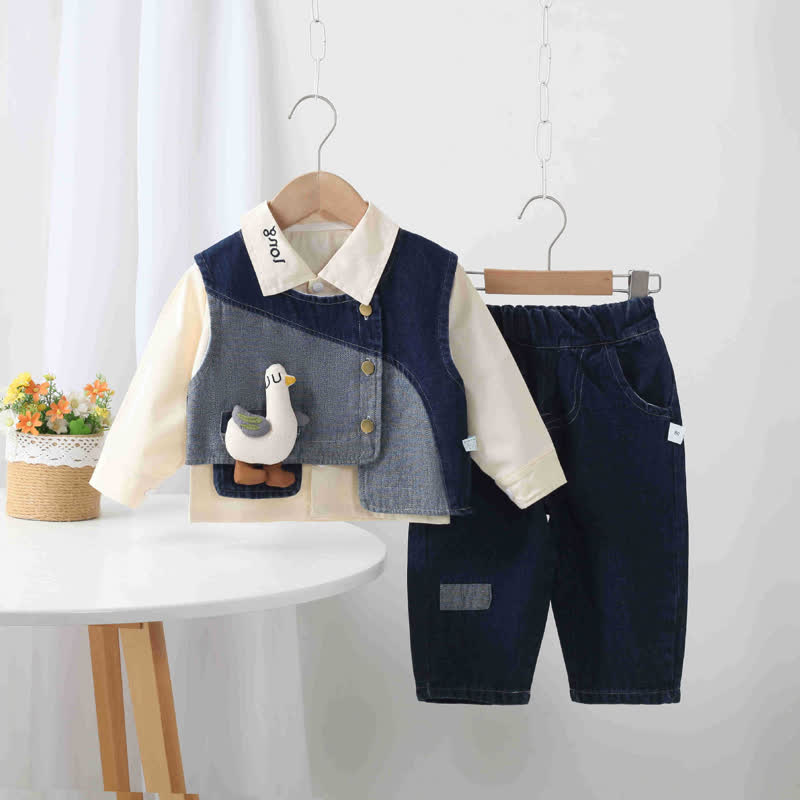 Baby Toddler Goose Shirt and Denim Layered 3-piece Set - Navy - 6-7T - image 1