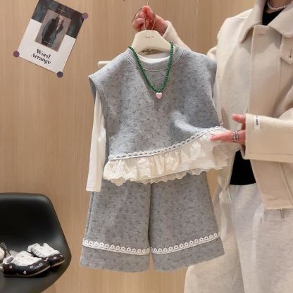 Toddler Girl Gray Flower Lace Trim Knit 3-piece Set - Gray - 10-11T - image 1