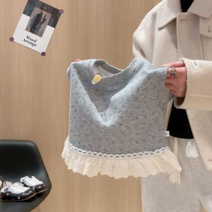 Toddler Girl Gray Flower Lace Trim Knit 3-piece Set - image 2