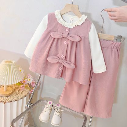 Toddler Baby Girl Bow Ruffle Collar Top and Pants 2-piece Set - Pink - 4-5T - image 1