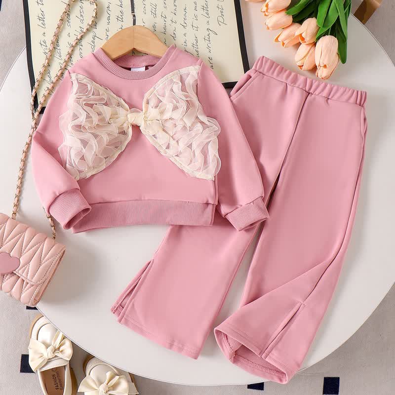 Toddler Girl Pink Lace Bow Sweatshirt and Pants 2-piece Set - Pink - 7Y - image 1