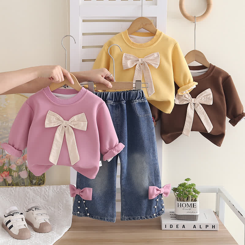 Toddler Girl Big Bow Sweatshirt and Denim Pants 2-piece Set - image 1