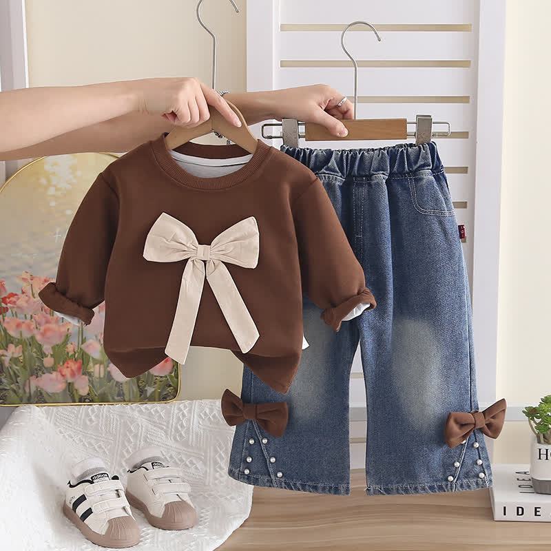Toddler Girl Big Bow Sweatshirt and Denim Pants 2-piece Set - Brown - 4-5T - image 4