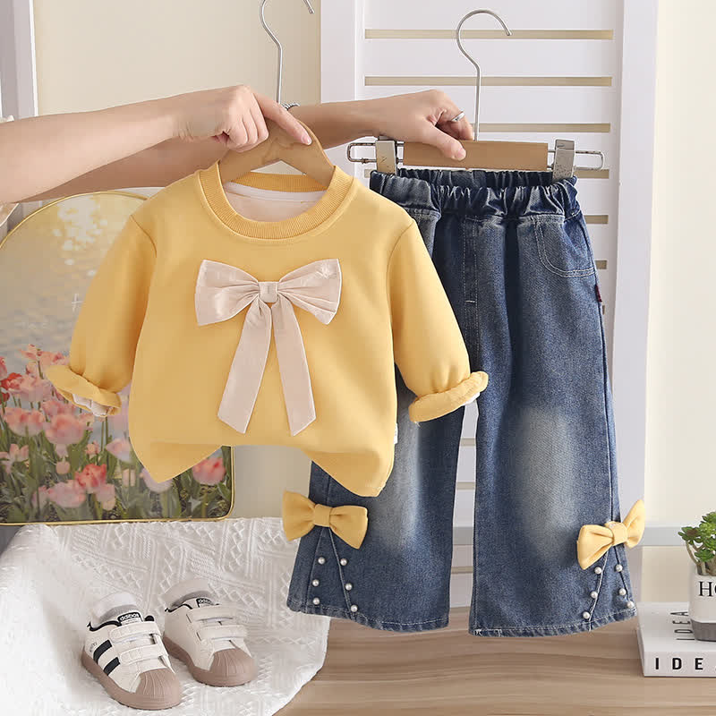 Toddler Girl Big Bow Sweatshirt and Denim Pants 2-piece Set - Yellow - 4-5T - image 3