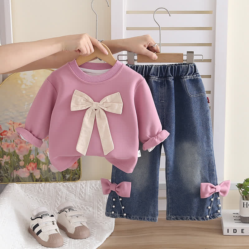 Toddler Girl Big Bow Sweatshirt and Denim Pants 2-piece Set - Pink - 4-5T - image 2