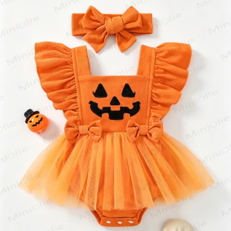 Baby Halloween Pumpkin Tulle Skirted Bodysuit with Headband - Orange - 12-18M - image 1