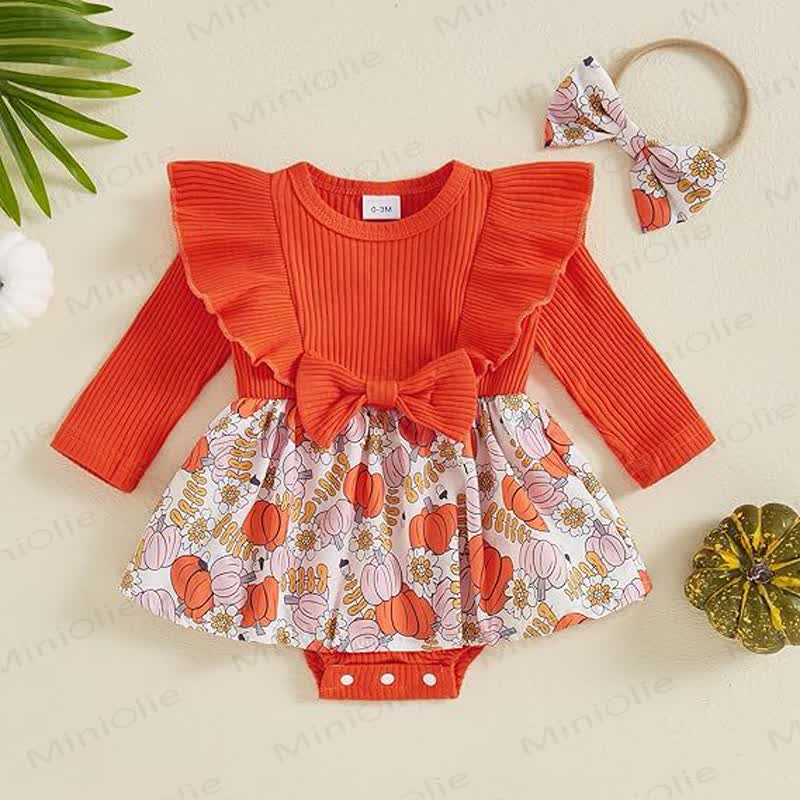 Baby Pumpkin Ruffle Ribbed Skirted Bodysuit with Headband - Orange - 12-18M - image 1