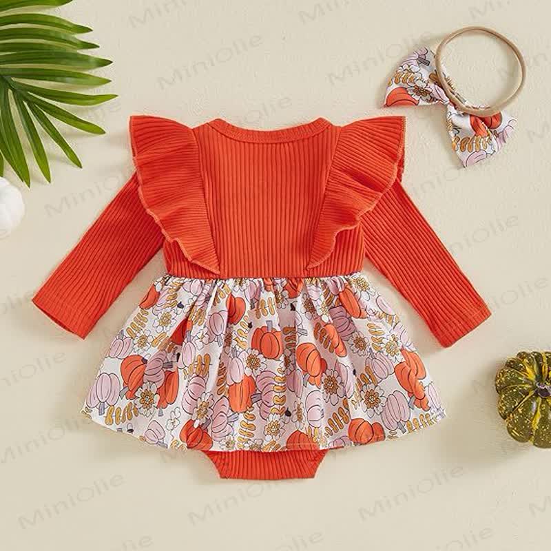 Baby Pumpkin Ruffle Ribbed Skirted Bodysuit with Headband - image 2
