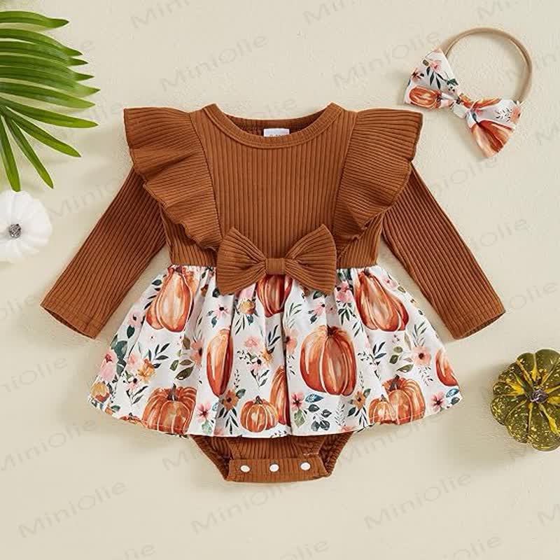 Baby Pumpkin Ruffle Ribbed Skirted Bodysuit with Headband - Brown - 12-18M - image 7