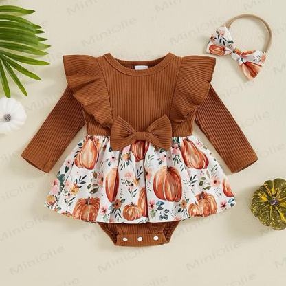 Baby Pumpkin Ruffle Ribbed Skirted Bodysuit with Headband - Brown - 12-18M - image 7