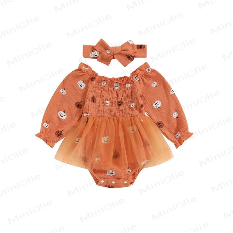 Baby Pumpkin Smocked Tulle Skirted Bodysuit with Headband - image 5