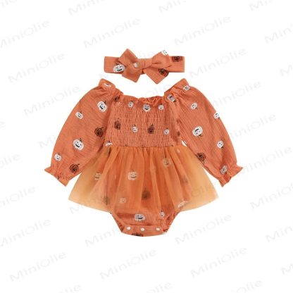 Baby Pumpkin Smocked Tulle Skirted Bodysuit with Headband - image 5