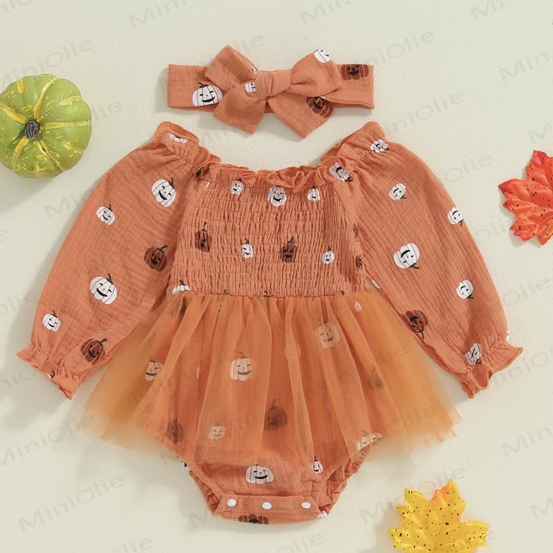 Baby Pumpkin Smocked Tulle Skirted Bodysuit with Headband - Orange - 18-24M - image 1