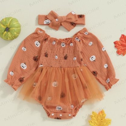 Baby Pumpkin Smocked Tulle Skirted Bodysuit with Headband - Orange - 18-24M - image 1
