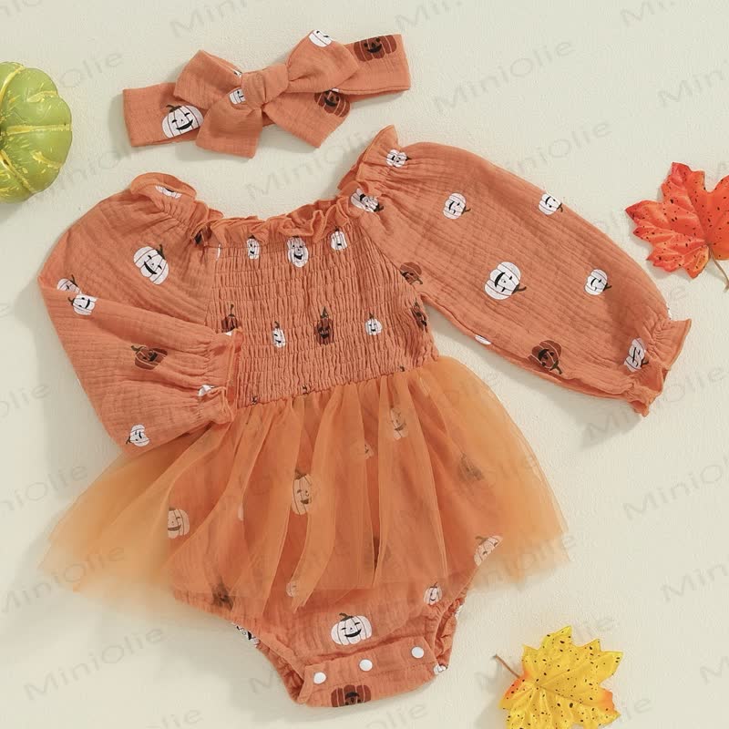 Baby Pumpkin Smocked Tulle Skirted Bodysuit with Headband - image 2