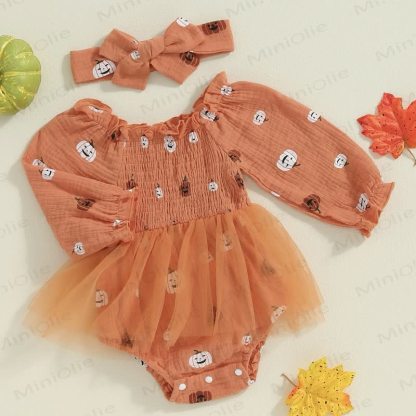Baby Pumpkin Smocked Tulle Skirted Bodysuit with Headband - image 2
