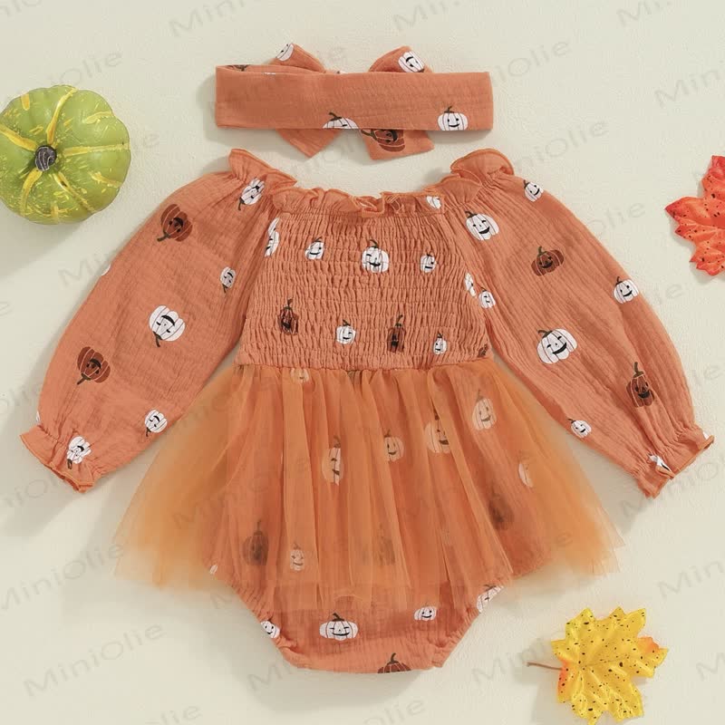 Baby Pumpkin Smocked Tulle Skirted Bodysuit with Headband - image 3