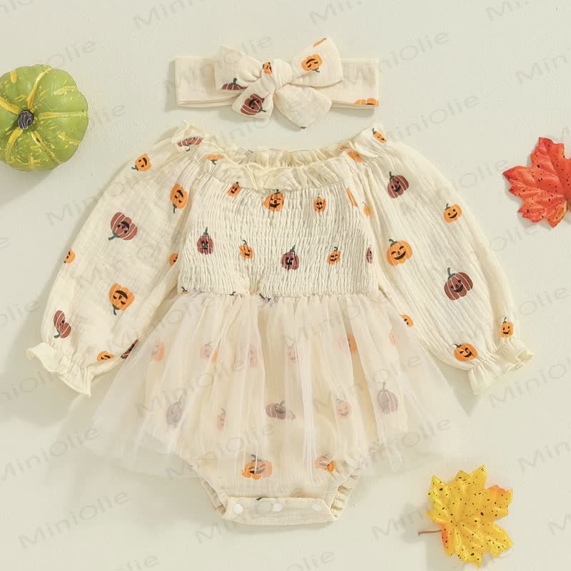 Baby Pumpkin Smocked Tulle Skirted Bodysuit with Headband - Beige - 18-24M - image 6