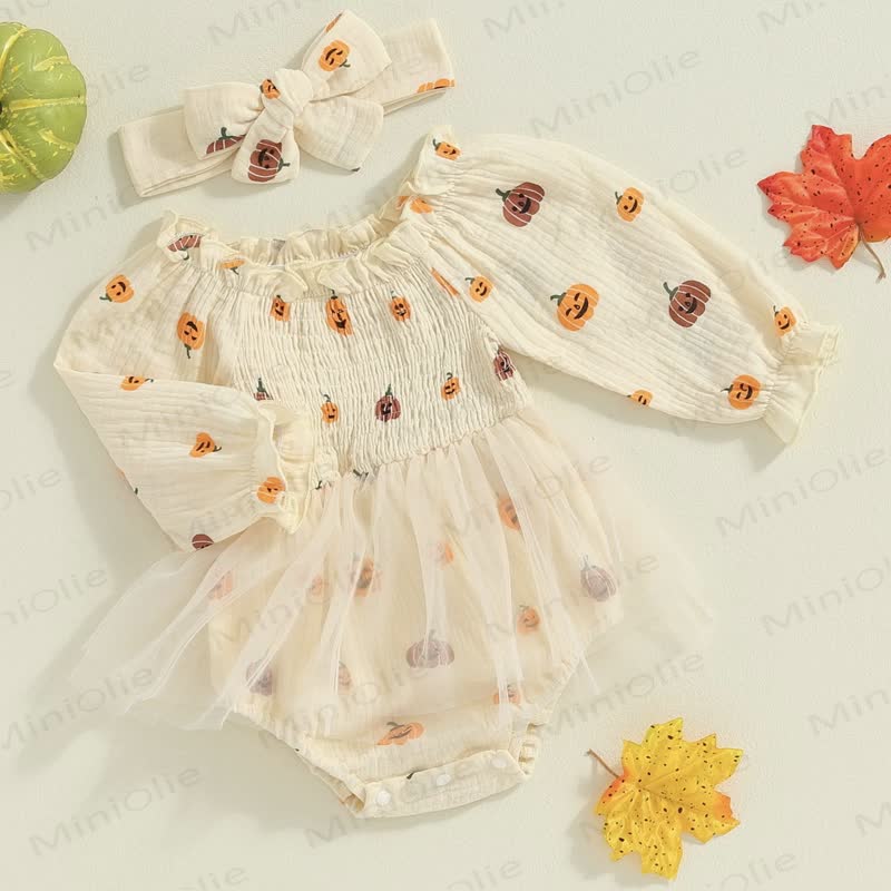 Baby Pumpkin Smocked Tulle Skirted Bodysuit with Headband - image 7