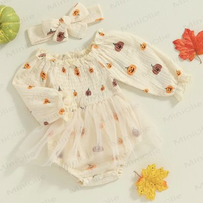 Baby Pumpkin Smocked Tulle Skirted Bodysuit with Headband - image 7