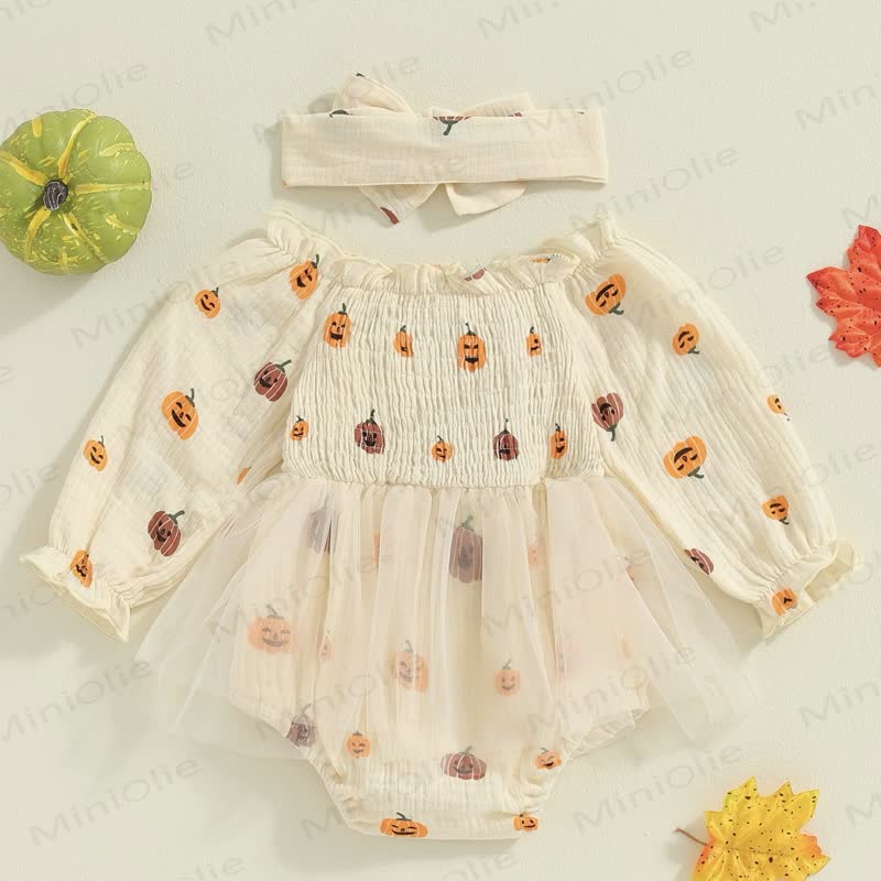 Baby Pumpkin Smocked Tulle Skirted Bodysuit with Headband - image 8