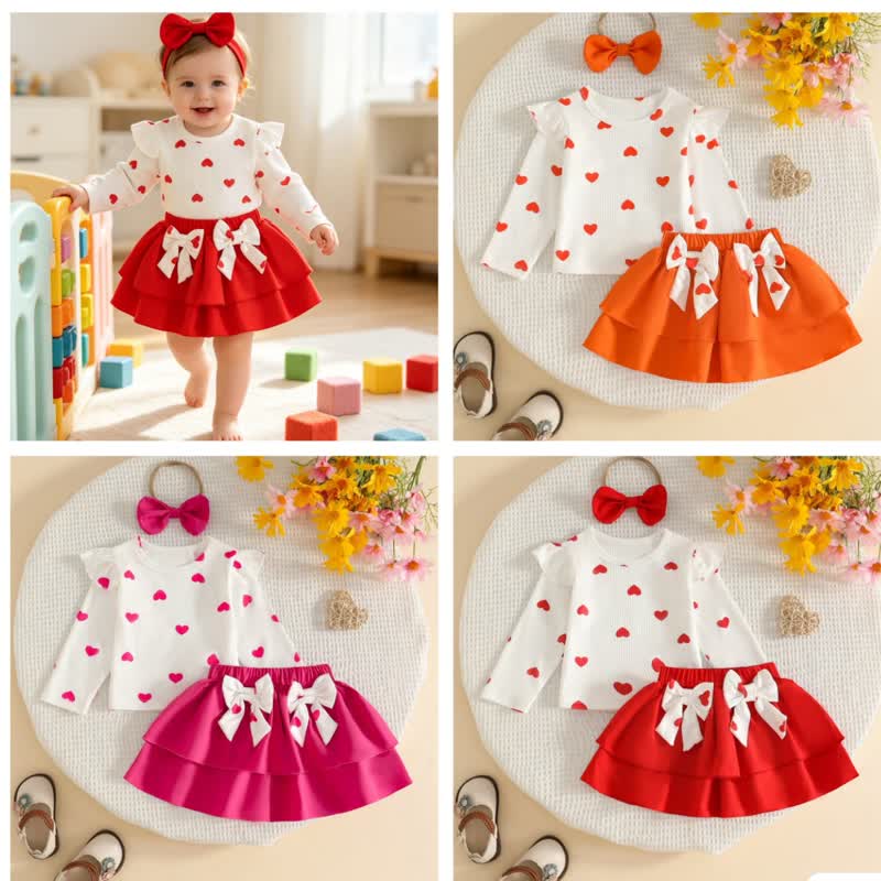Baby Girl Heart Print Top and Skirt Set with Headband - image 1