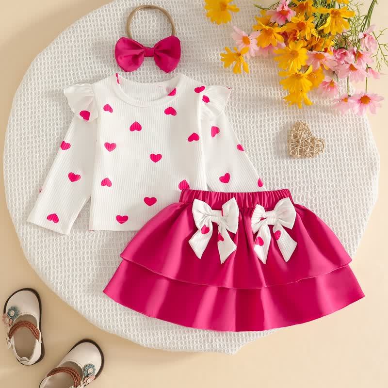 Baby Girl Heart Print Top and Skirt Set with Headband - Pink - 3-4Y - image 3