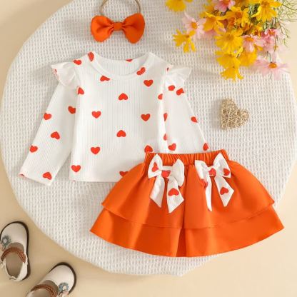 Baby Girl Heart Print Top and Skirt Set with Headband - Orange - 3-4Y - image 4