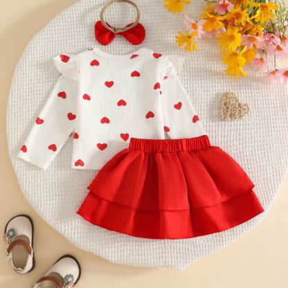 Baby Girl Heart Print Top and Skirt Set with Headband - image 5