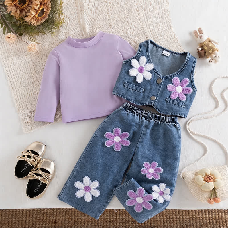 Baby Toddler Girl Purple Floral Denim 3-piece Set - Purple - 2-3Y - image 1