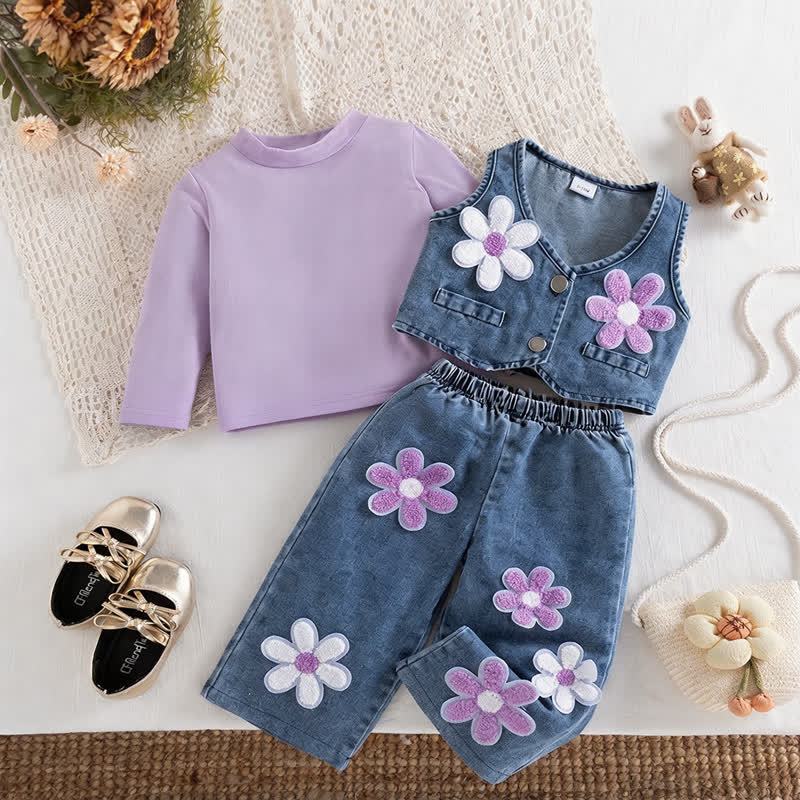 Baby Toddler Girl Purple Floral Denim 3-piece Set - Purple - 2-3Y - image 1