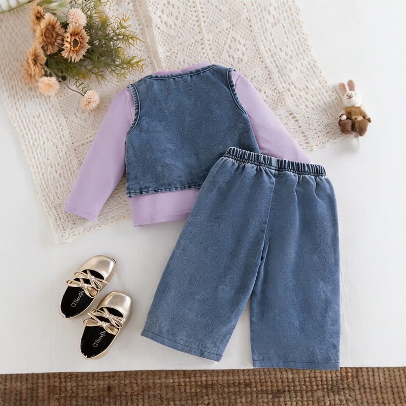Baby Toddler Girl Purple Floral Denim 3-piece Set - image 2