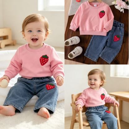 Baby Toddler Pink Strawberry Sweatshirt and Denim Pants 2-piece Set - image 3