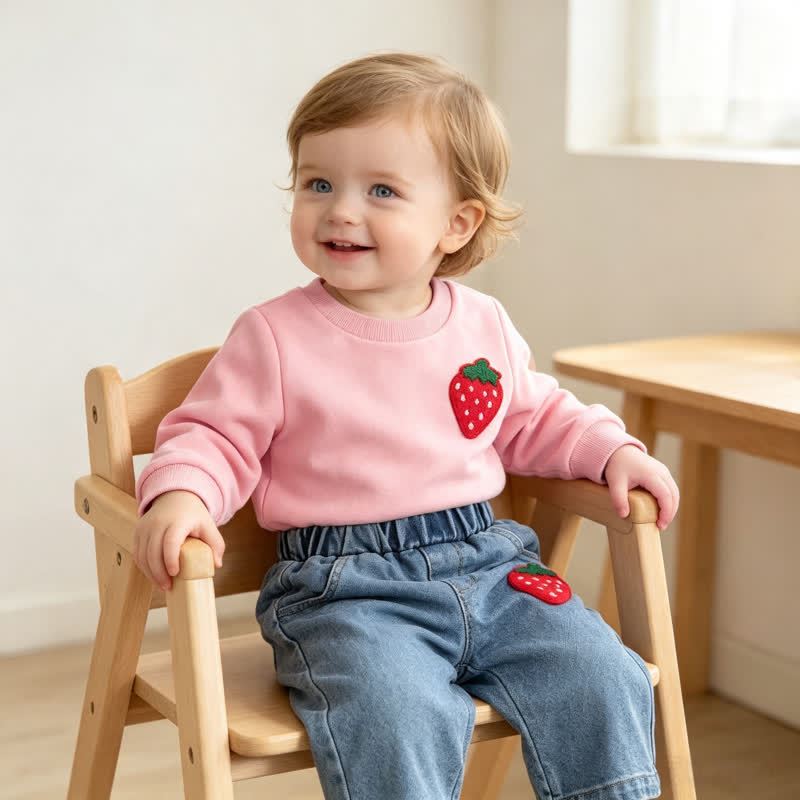 Baby Toddler Pink Strawberry Sweatshirt and Denim Pants 2-piece Set - image 4