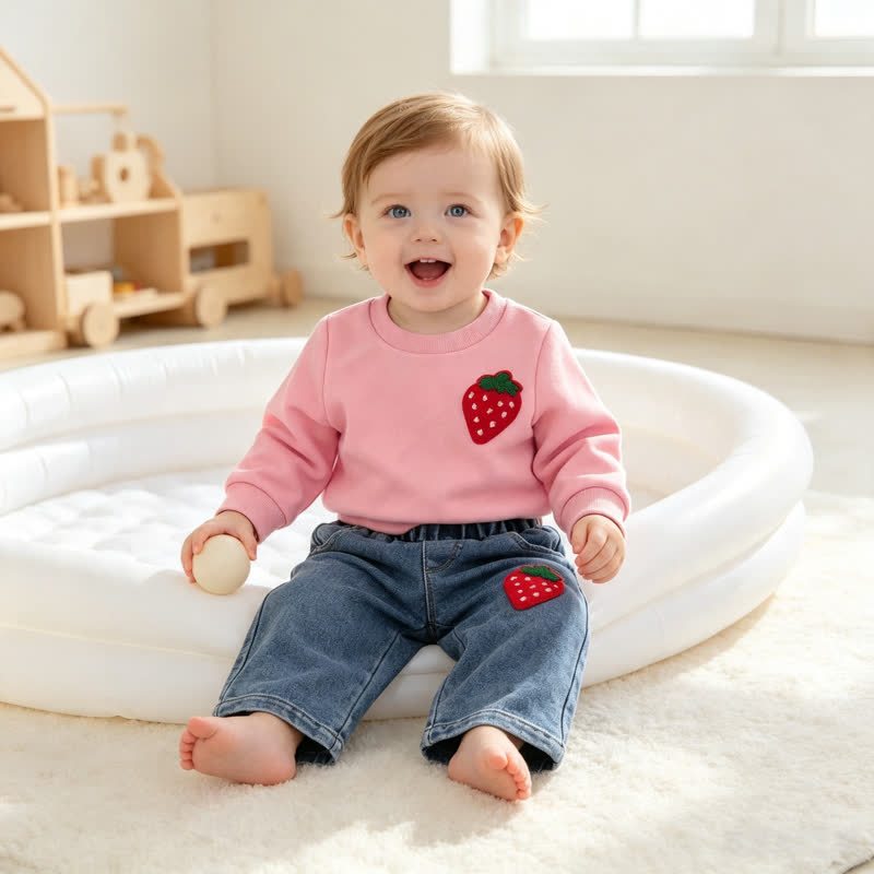 Baby Toddler Pink Strawberry Sweatshirt and Denim Pants 2-piece Set - image 5